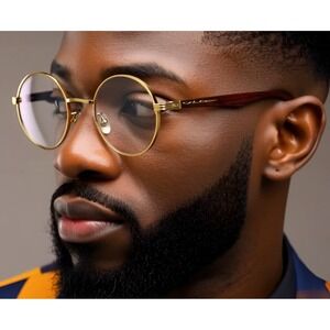 Round Clear Lens Gold Glasses Wood Buffs Stylish Fashion Eyeglasses UV400 Street